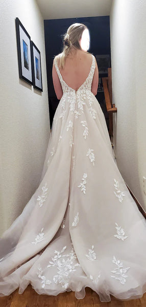 Fairy A Line V Neck Tulle Wedding Dresses with Appliques AB101802