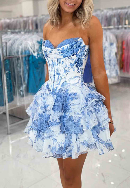Cute A Line Sweetheart Floral Chiffon Tiered Homecoming Dress AB25062102