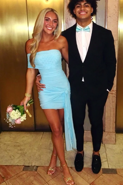 Blue Strapless Twist Tight Short Party Homecoming Dress