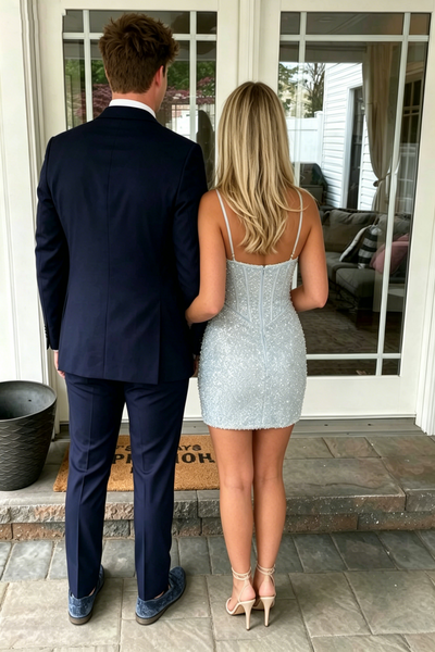 Cute Light Blue Sequined Tight Sweetheart Short Homecoming Dress