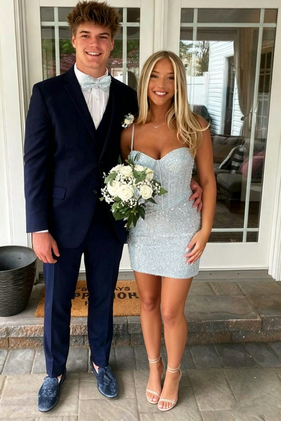Cute Light Blue Sequined Tight Sweetheart Short Homecoming Dress