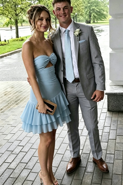 Blue Strapless A-Line Ruffles Chiffon Short Homecoming Dress