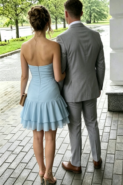 Blue Strapless A-Line Ruffles Chiffon Short Homecoming Dress