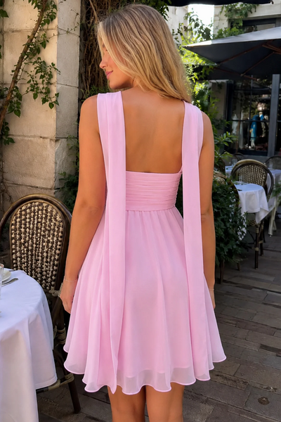 Casual A-Line Strapless Pink Pleated Chiffon Homecoming Party Dress