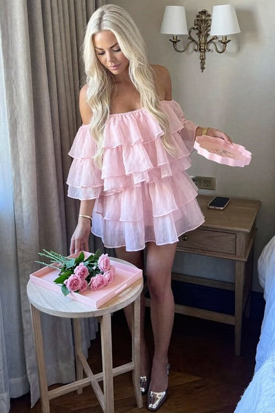 Casual Pink A-Line Off-Shoulder Ruffles Tiered Homecoming Dresses Summer Dress