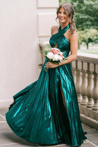 Charming A Line Halter Dark Green Satin Prom Dresses with Slit AB24091409-1