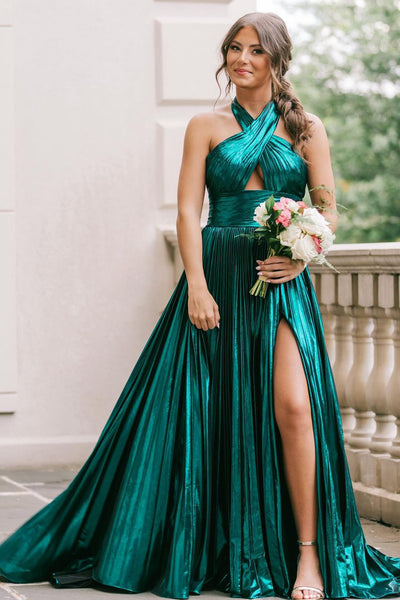 Charming A Line Halter Dark Green Satin Prom Dresses with Slit AB24091409-2