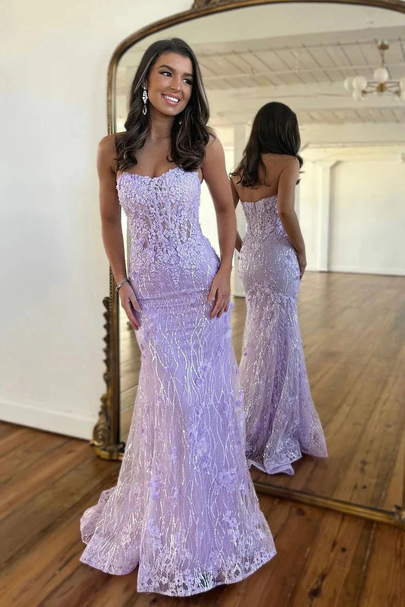 Charming Mermaid Scoop Neck Lavender Sequins Lace Prom Dresses with Appliques AB24091301-1