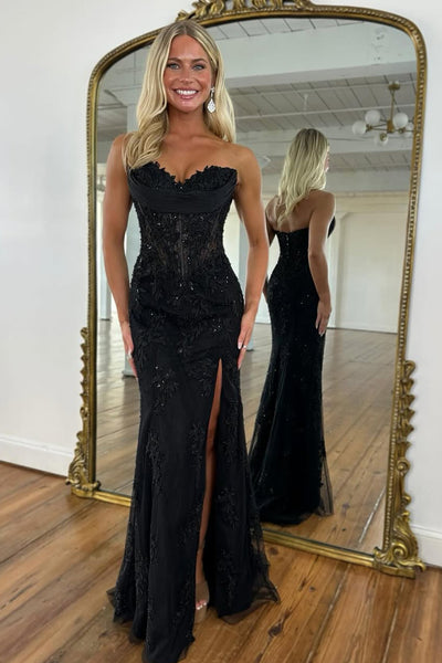 Charming Mermaid Sweetheart Black Lace Long Prom Dress with Slit AB26012910