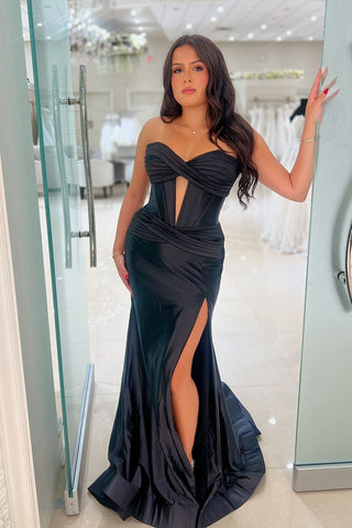 Charming Mermaid Sweetheart Black Long Prom Dresses with Split AB24091610-1