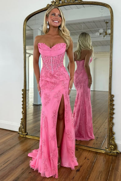 Charming Mermaid Sweetheart Hot Pink Lace Long Prom Dress with Slit AB26012910