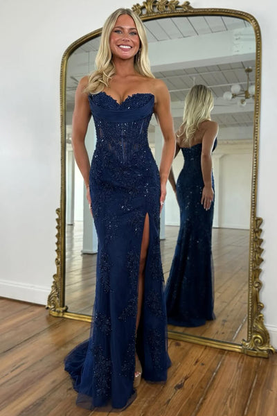 Charming Mermaid Sweetheart Navy Lace Long Prom Dress with Slit AB26012910