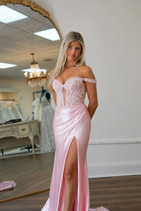 Charming Mermaid Sweetheart Pink Satin Long Prom Dresses with Slit AB24090609-1