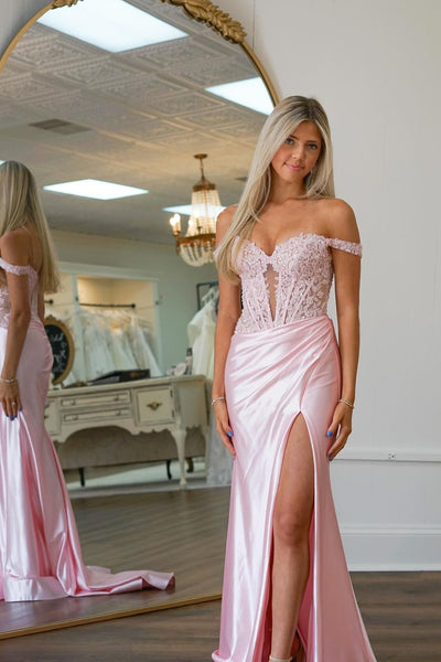 Charming Mermaid Sweetheart Pink Satin Long Prom Dresses with Slit AB24090609-2