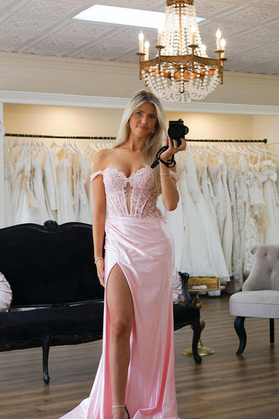 Charming Mermaid Sweetheart Pink Satin Long Prom Dresses with Slit AB24090609-3