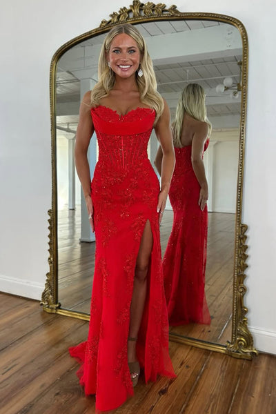 Charming Mermaid Sweetheart Red Lace Long Prom Dress with Slit AB26012910
