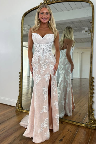 Charming Mermaid Sweetheart White Lace Champagne Long Prom Dress with Slit AB26012910