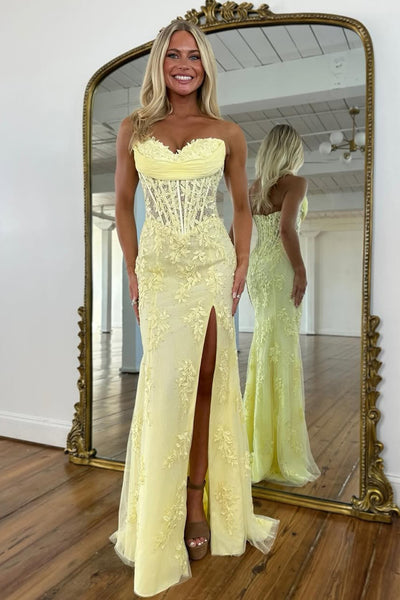 Charming Mermaid Sweetheart Yellow Lace Long Prom Dress with Slit AB26012910