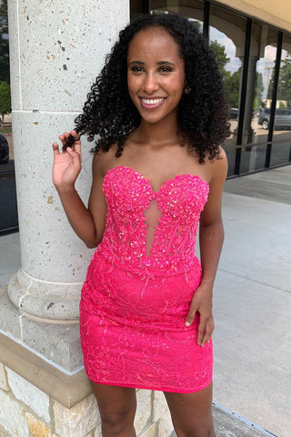Charming Tight Sweetheart Pink Lace Short Homecoming Dresses with Beading AB24090103-1