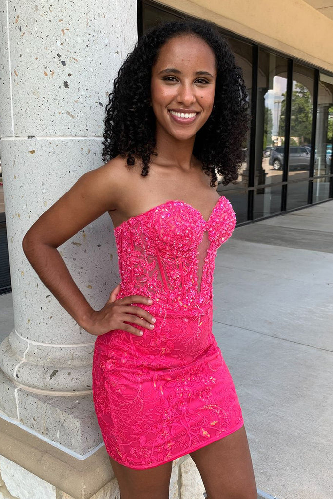 Charming Tight Sweetheart Pink Lace Short Homecoming Dresses with Beading AB24090103 – Anniebride