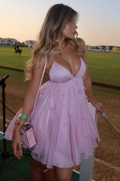 A Line V-Neck Pink Chiffon Short Homecoming Summer Dress