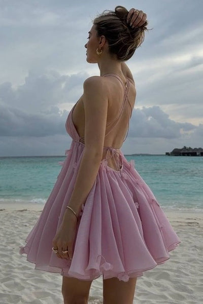 A Line V-Neck Pink Chiffon Short Homecoming Summer Dress