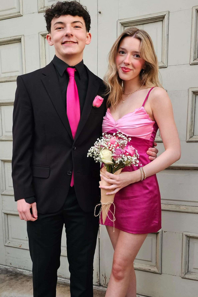 Cute Pink V Neck Pleats Satin Mini Homecoming Party Dress