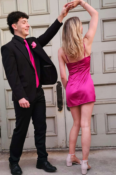 Cute Pink V Neck Pleats Satin Mini Homecoming Party Dress