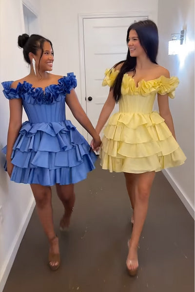 Cute A-Line Off the Shoulder Daffodial Tiered Homecoming Dresses VL24080301