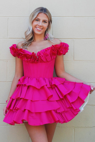 Cute A-Line Off the Shoulder Fuchsia Tiered Homecoming Dresses VL24080301-3