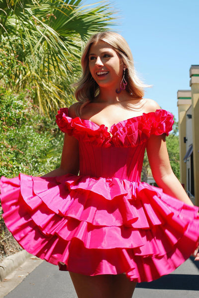 Cute A-Line Off the Shoulder Fuchsia Tiered Homecoming Dresses VL24080301