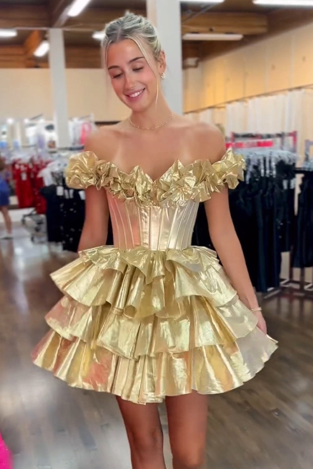 Cute A-Line Off the Shoulder Gold Tiered Homecoming Dresses VL24080301 – Anniebride Cute A-Line Off the Shoulder Gold Tiered Homecoming Dresses VL24080301 – Anniebride