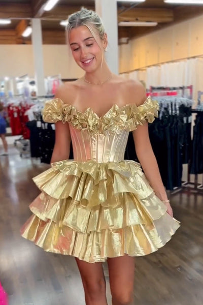 Cute A-Line Off the Shoulder Gold Tiered Homecoming Dresses VL24080301-1