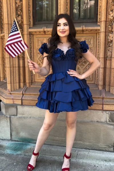 Cute A-Line Off the Shoulder Navy Blue Tiered Homecoming Dresses VL24080301-2