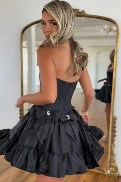 Cute A-Line Scoop Neck Black Satin Short Homecoimg Dresses with Beading AB24083104-2