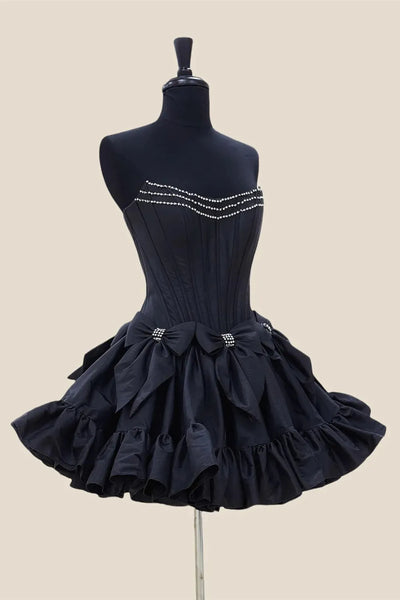 Cute A-Line Scoop Neck Black Satin Short Homecoimg Dresses with Beading AB24083104-4