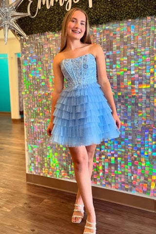 Cute A-Line Scoop Neck Light Blue Ruffle Tiered Tulle Short Homecoimg Dresses AB24083107-1