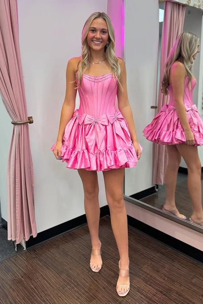 Cute A-Line Scoop Neck Pink Satin Short Homecoimg Dresses with Beading AB24083104