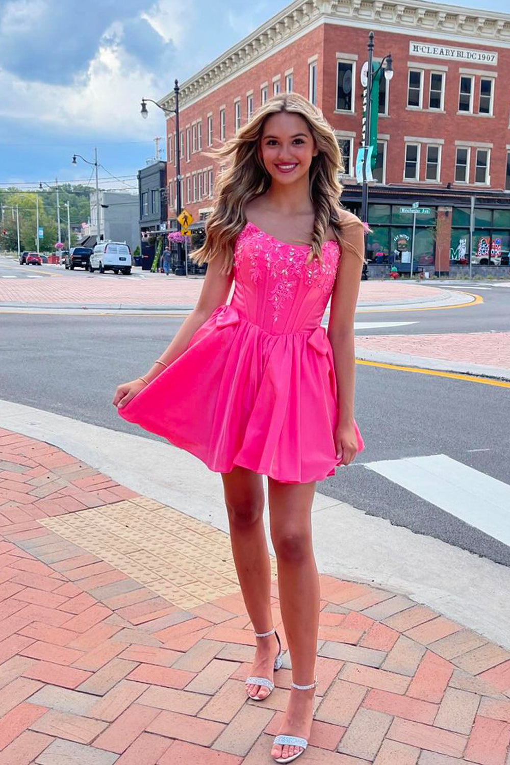 Cute A-Line Scoop Neck Pink Satin Short Homecoming Dresses with Beading AB24083101-1