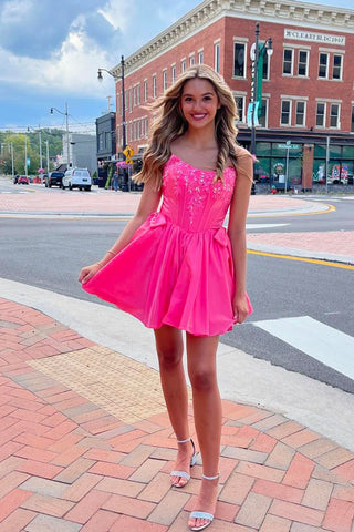 Cute A-Line Scoop Neck Pink Satin Short Homecoming Dresses with Beading AB24083101-1