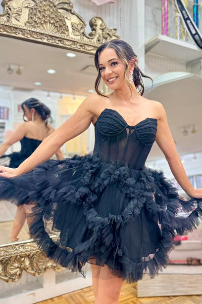 Cute A-Line Sweetheart Black Ruffle Tulle Homecoming Dresses AB240901201 anniebride-2