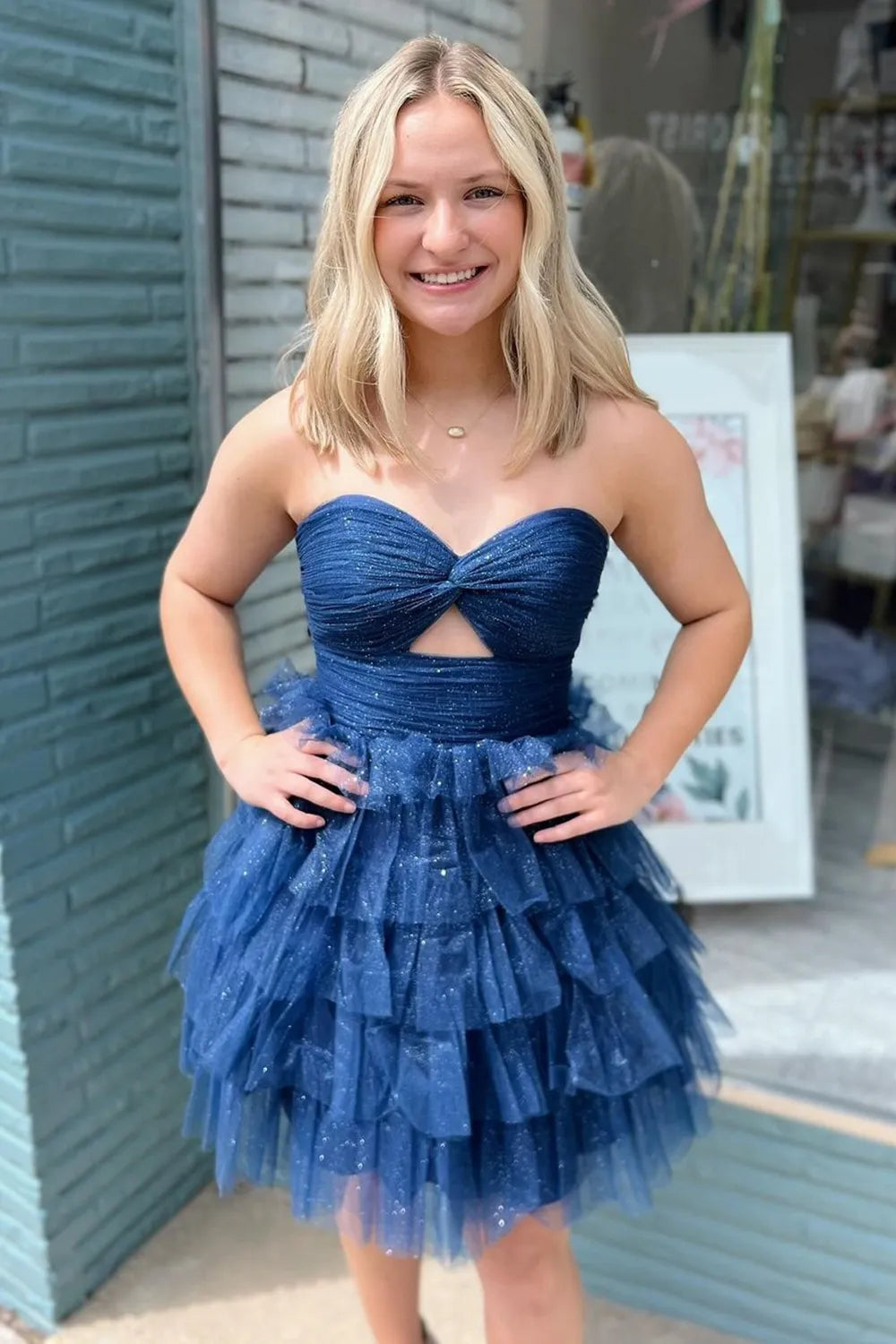 Cute A-Line Sweetheart Navy Blue Ruffle Tiered Glitter Tulle Short Homecoming Dresses AB24083102 Anniebride Cute A-Line Sweetheart Navy Blue Ruffle Tiered Glitter Tulle Short Homecoming Dresses AB24083102 Anniebride