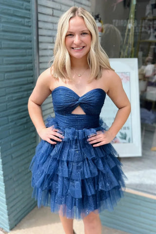 Cute A-Line Sweetheart Navy Blue Ruffle Tiered Glitter Tulle Short Homecoming Dresses AB24083102-1