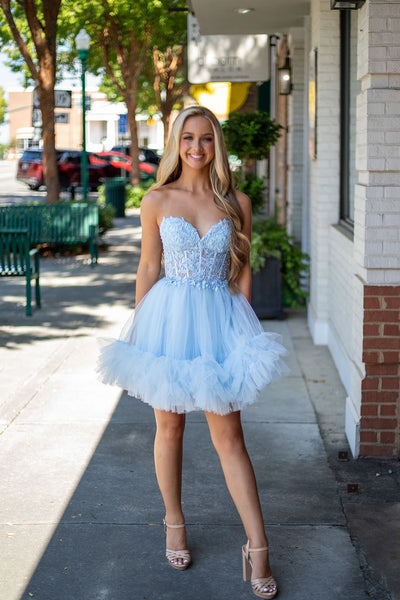 Cute A-Line Sweetheart Ruffle Tulle Homecoming Dress with Appliques AB24090504-3