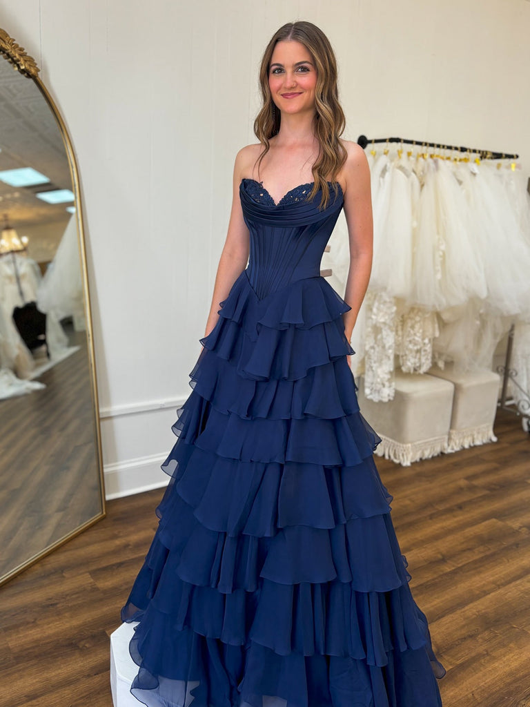 Cute Yellow Sweetheart A-Line Ruffle Chiffon Tiered Long Prom Dress Wi – Anniebride Cute Yellow Sweetheart A-Line Ruffle Chiffon Tiered Long Prom Dress Wi – Anniebride