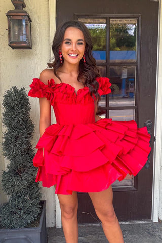 Cute A Line Off the Shoulder Red Satin Short Homecoming Dresses AB24090603-1