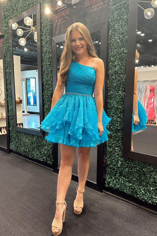 Cute A Line One Shoulder Blue Organza Homecoming Dresses AB24090602-1
