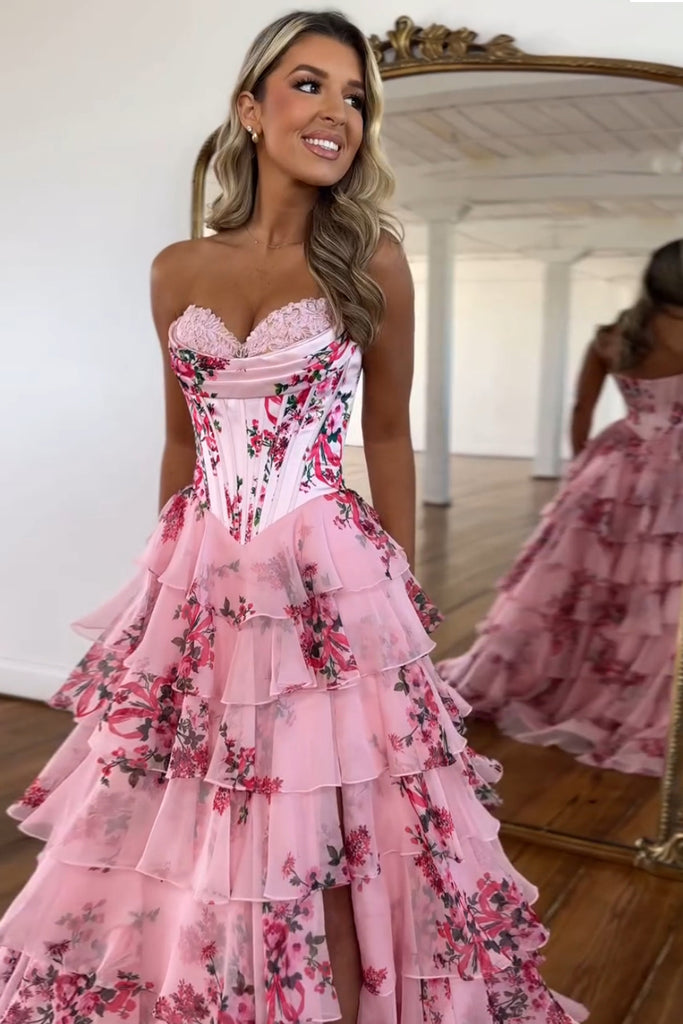 Cute A Line Sweetheart Floral Printed Chiffon Long Prom Dress with Slit