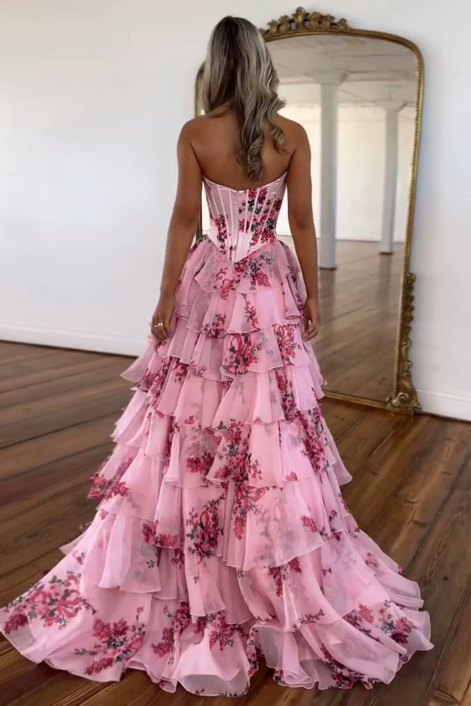Cute A Line Sweetheart Floral Printed Chiffon Long Prom Dress with Slit
