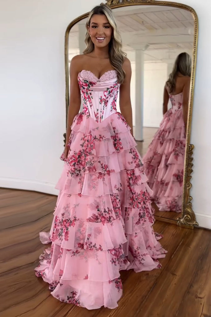 Cute A Line Sweetheart Floral Printed Chiffon Long Prom Dress with Slit